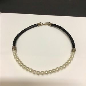 Leather and faux pearl necklace